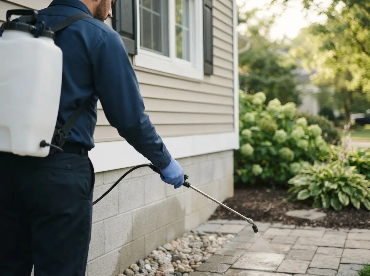 Pest control technician inspecting a home in Fort Mccoy, FL